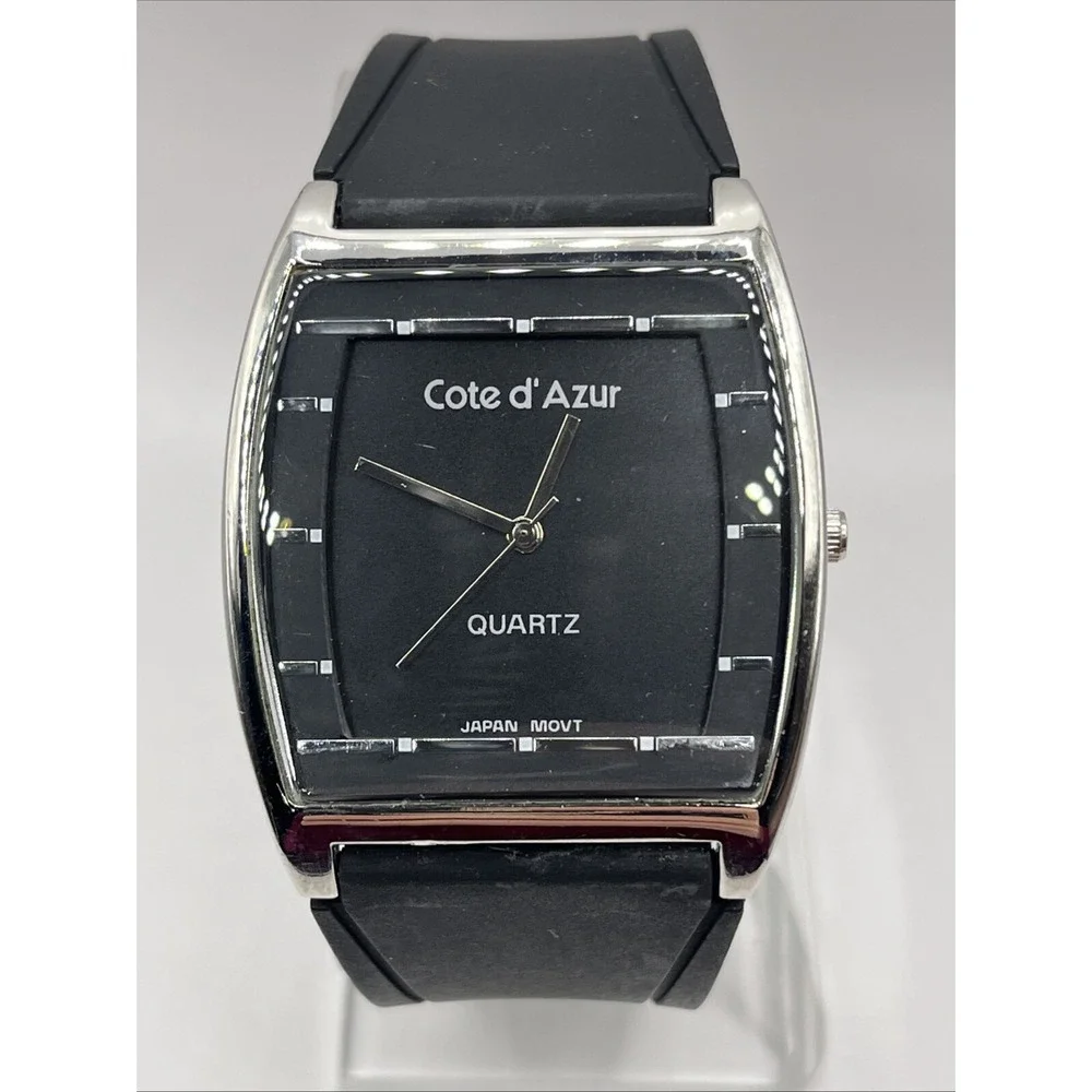 Côte d'Azur Men's Quartz Watch Black Resin Band Silver 38mm Case- New Battery‎